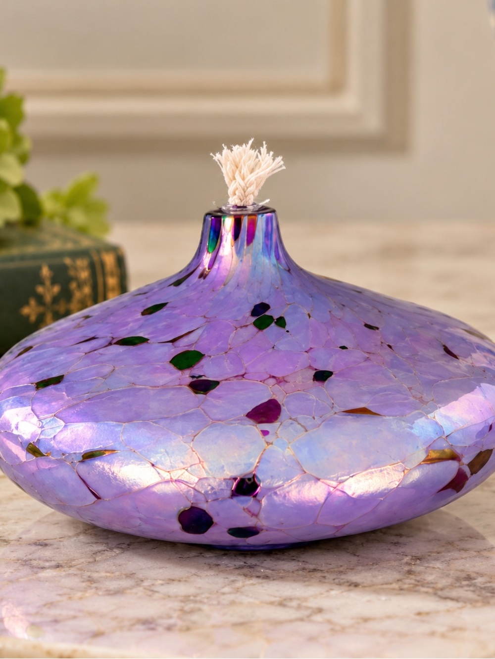 Vintage 1995 Roger Vines Signed Iridescent Art Glass Oil Lamp Mt St Helens Ash
